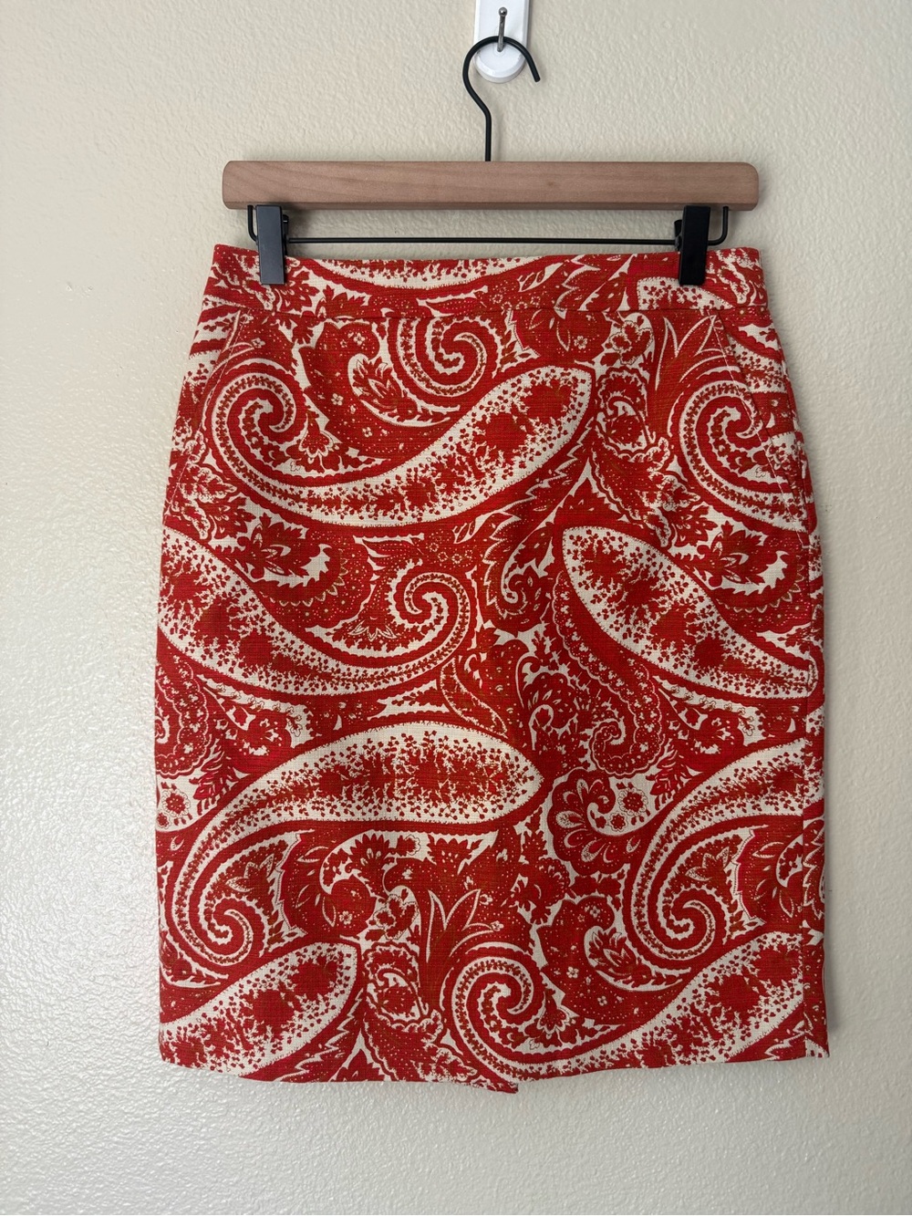 J. Crew Red, Orange and Cream Paisley Pencil Skirt